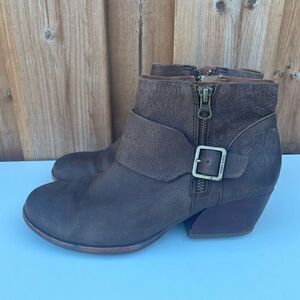 Kork Ease Boots Womens 7.5 Isa Ankle Booties Brown Leather Side Zip Buckle Block